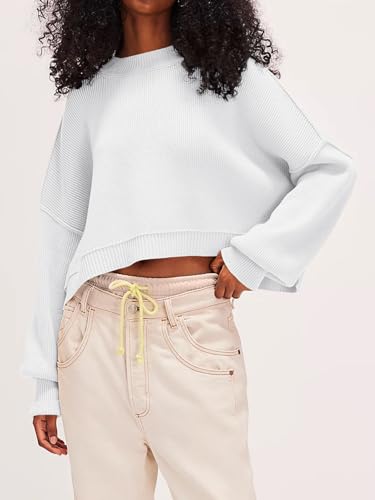 Yesfashion Womens Oversized Cropped Sweaters Crewneck Long Lantern Sleeve Side Split Ribbed Knit Pullover Sweater Tops2