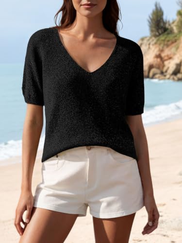 Image of Saodimallsu Womens Short Sleeve Sweater Summer V Neck Casual Tops Lightweight Loose Knit Pullover Shirts