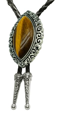 Image of Moranse Bolo Tie with Natural Tiger Eye Stone Celtic Style Genuine and Cowhide Rope