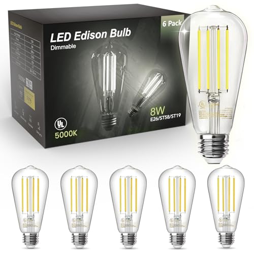 TJOY Edison Light Bulbs 60W Equivalent, Dimmable Vintage LED Light Bulbs, E26 Medium Base, 5000K Daylight, ST58, 8W, 800LM, Ultra-Bright, 80+CRI, Antique Decorative LED Filament, Clear Glass, 6 Pack