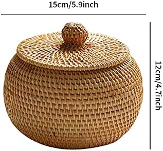 POHOVE Wicker Basket with Lid Rattan Storage Basket Desk Organizer Fruit Vegetable With Lid Round Bowls(5.9x4.7inch)