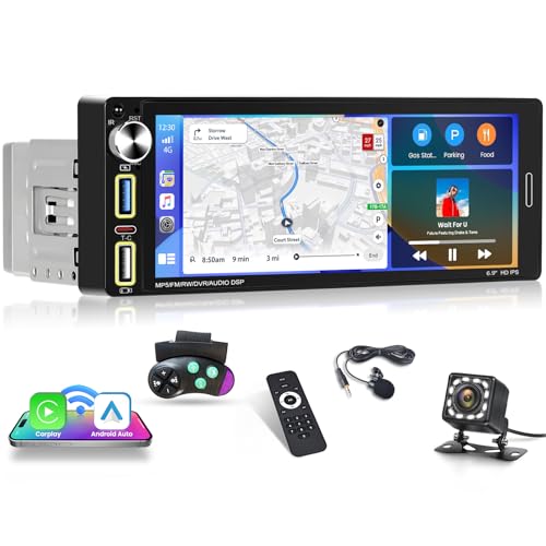 Fuluku 1 Din radio samochodowe z bezprzewodowym Carplay Android Auto, 6,9 cala HD ekran dotykowy radio z Bluetooth/USB/FM/RDS/EQ/Mirror Link/kamera cofania/SWC/MIC