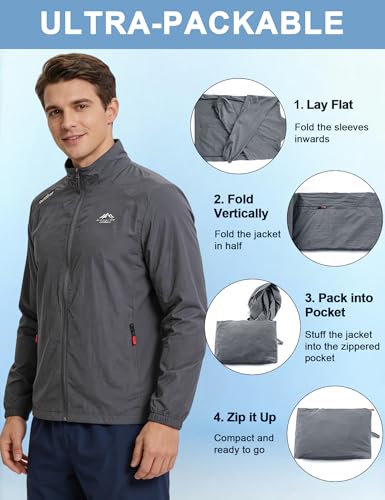 Image of Venzina Sunscreen Jacket for Men Sunproof Jacket for Men UPF 50+ Slim Fit Stand Collar Wind Resistant Packable Breathable Quick Dry Running Bike Outdoor Sports Grey L