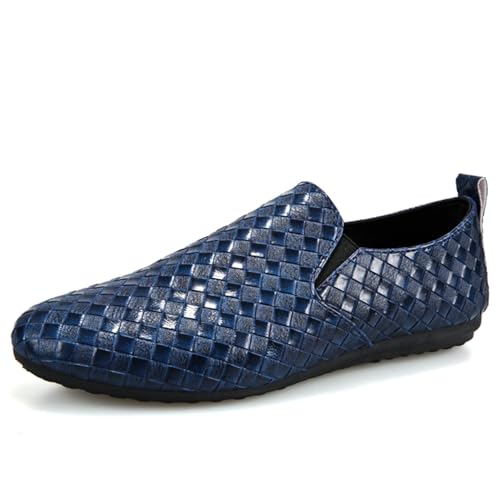 Men's Woven PU Leather Slip-on Loafers Black Casual Driving Moccasins Handwoven Breathable Comfort Outdoor Walking Shoes