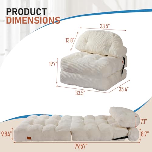Image of Folding Sofa Bed, Convertible Sleeper Chair with Back Support and Pillow | Boneless Foldable Couch for Living Room /Guest Use /Home Office, Foldable Chair Bed for Adults, Beige