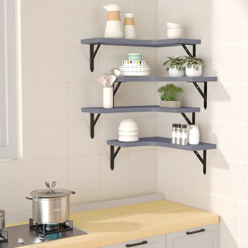 Image of ROMGUAR CRAFT Corner Floating Shelves Wall Mounted Set of 4, Rustic Wood Storage Display Shelves for Home Decor, Bathroom, Kitchen, Bedroom, Living Room, Office (Grey)
