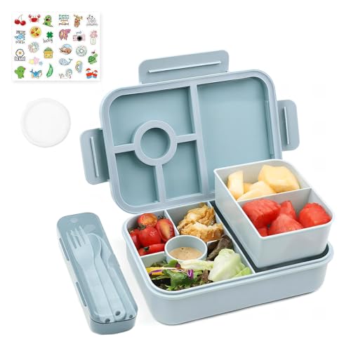 Bugucat Bento Lunch Box 1300ML with 4 Compartments and Cutlery - Leak-Proof Lunchbox for Kids and Adults with Sticker - School, Kindergarten, Office Use,Blue