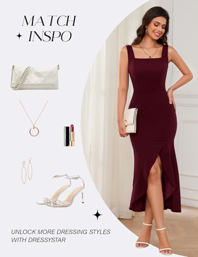 Image of Dressystar 2026 Women's Square Neck Bodycon Sleeveless Cocktail Dresses | wedding guest dresses for women, midi length, formal party dress, soft breathable stretchy material, slit ruffle hem design