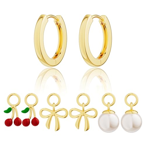 Freekiss Gold Hoop Earrings and Charm Set for Women Trendy: 14K Gold Plated Small Cute Huggie Earrings Pack with Bow Pearl Cherry Interchangeable Dangle Charms Hypoallergenic Earrings Jewelry