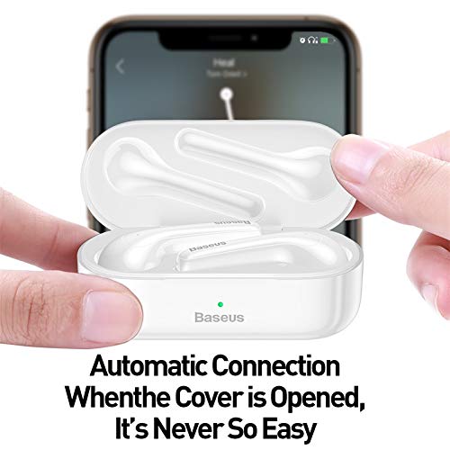 A hand opening the Baseus W07 charging case, with a smartphone in the background showing a successful connection. Text reads 'Automatic Connection When the Cover is Opened, It's Never So Easy'.