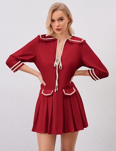 Image of Women Cute Ruffle Tunic Mini Dress Summer Pleated Babydoll Shirt Dress Casual Loose V Neck 3 /4 Sleeve Short Sundress