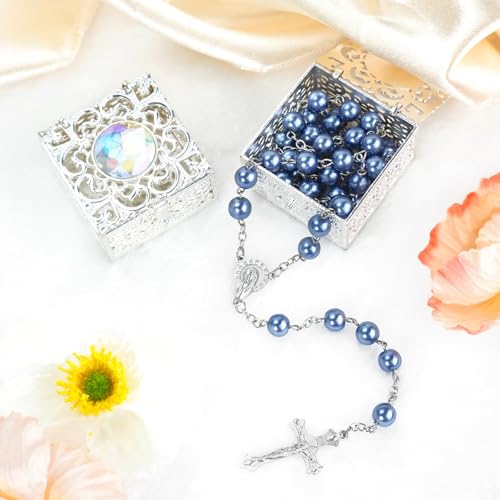 LQTSLFM Rosenkranz Kette mit Case, Rosenkranz Kommunion Männern Damen, Rosary Necklace in Im Metallbox, Rosenkranzkette Geschenk für Angehörigen, Älteste, Liebste (Blau)