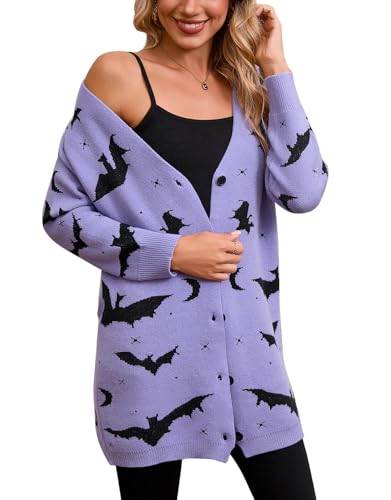 Drvitor Womens Halloween Long Sleeve Casual Loose Cute Bat Cardigans (Purple, Large)