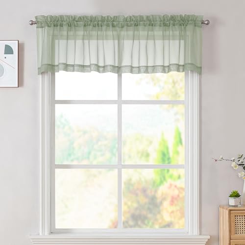 Image of OVZME 2 Panels Sage Green Semi Sheer Valance - Short Fresh Curtain Valances for Windows, Basement, Kitchen Window, Dual Rod Pocket (Sage Green, 42 by 14 Inches Long)