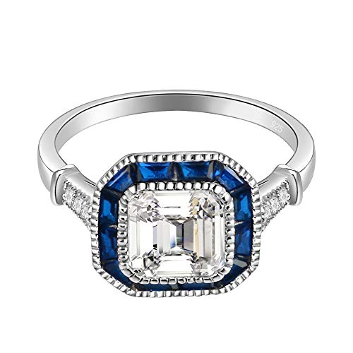 Lavencious Royal Halo Clear & Blue Spinel Cz Engagement Rings In 925 Sterling Silver Size 6 To 10 (Asscher-Blue, 5) #TOP1