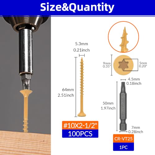 Image of 100Pcs 2.5 Inch Wood Screws, Deck Screws #10 x 2-1 /2 inch, Rust Resistant Epoxy Coated Construction Screw, Torx Drive Head, Framing Screw for Outdoor Woodworking Projects | Rust Resistant Epoxy Coated Construction Screw, Torx Drive Head, Framing Screw