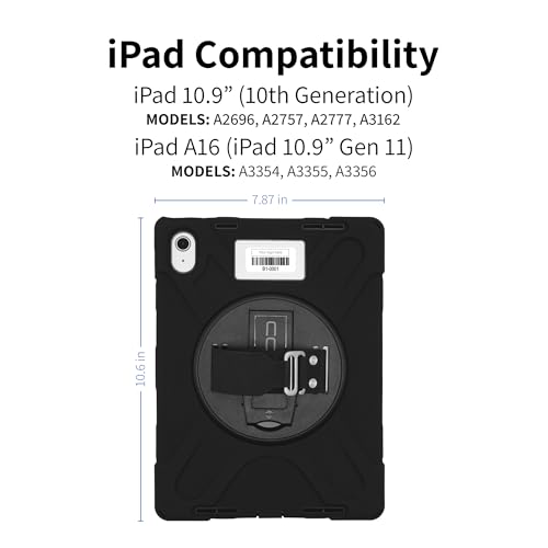 CODi Rugged iPad 11" A16 / iPad 10.9" 10th Generation Case, Asset Tag Window, Drop-Test Protective Tablet Cover with Rotating Kickstand, Silicone Hand Strap, Shoulder Strap, 360° Protection, Black by CODi - Image 3