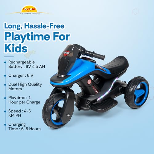 Image of Toyzone Ralph Electric Bike (Blue) | 6V Rechargeable Bike with 4.5 AH Battery | Music Player with Bluetooth, USB & AUX | 6 Months Battery Warranty | Made in India | for Kids 2-8 Years, Upto 35 Kgs