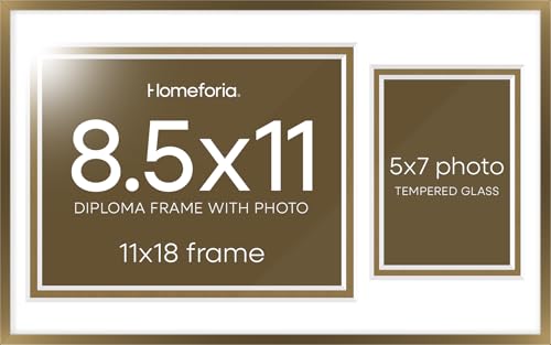 Image of Homeforia 11x18 Bronze Diploma Frame with Photo, High End Metal 11 x 18 Certificate Frame with Mat for 8.5x11 Diploma and 5x7 Picture, 18x11 Award Graduation Frames, Tempered Glass, Wall Kit, Set of 2