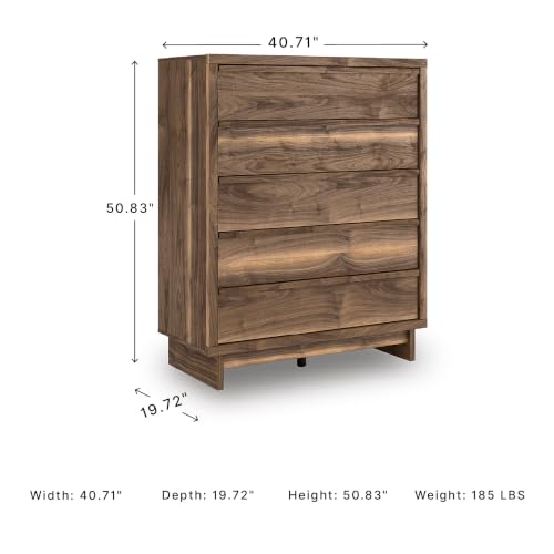 Image of Signature Design by Ashley Darcalli Casual 5-Drawer Wide Chest with Easy Glide and Safety Stop for Bedroom, Light Brown