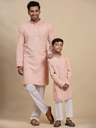Image of Pro-Ethic Style Developer Men Silk Striped Father Son Matching Ethnic Wear Embroidery Mirror Work Kurta Pyjama Set |(Combo)B-117