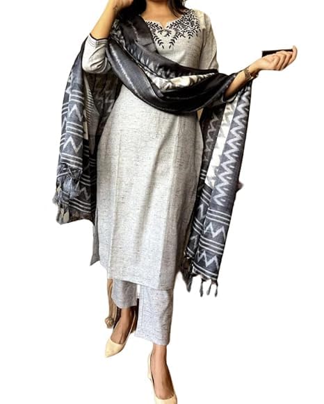 Women South Cotton Embroidery Round Neck Kurti with Pant and Dupatta Set-picture-20