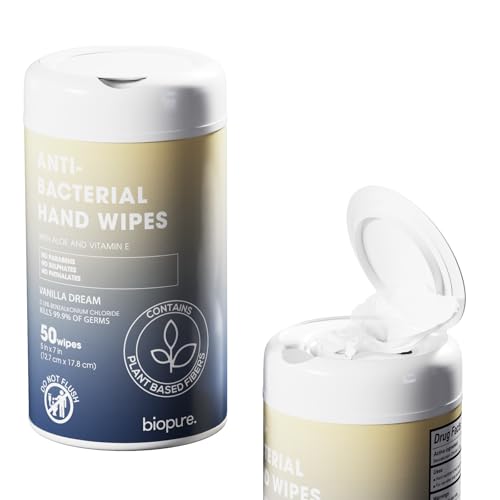 BIOPURE Antibacterial Hand Wipes Vanilla Dream Scented | Antibacterial Wipes with Aloe and Vitamin E | 5x7 Wet Wipes Canister | No Parabens Sulfates or Phthalates Kills 99% of Germs 50 Ct
