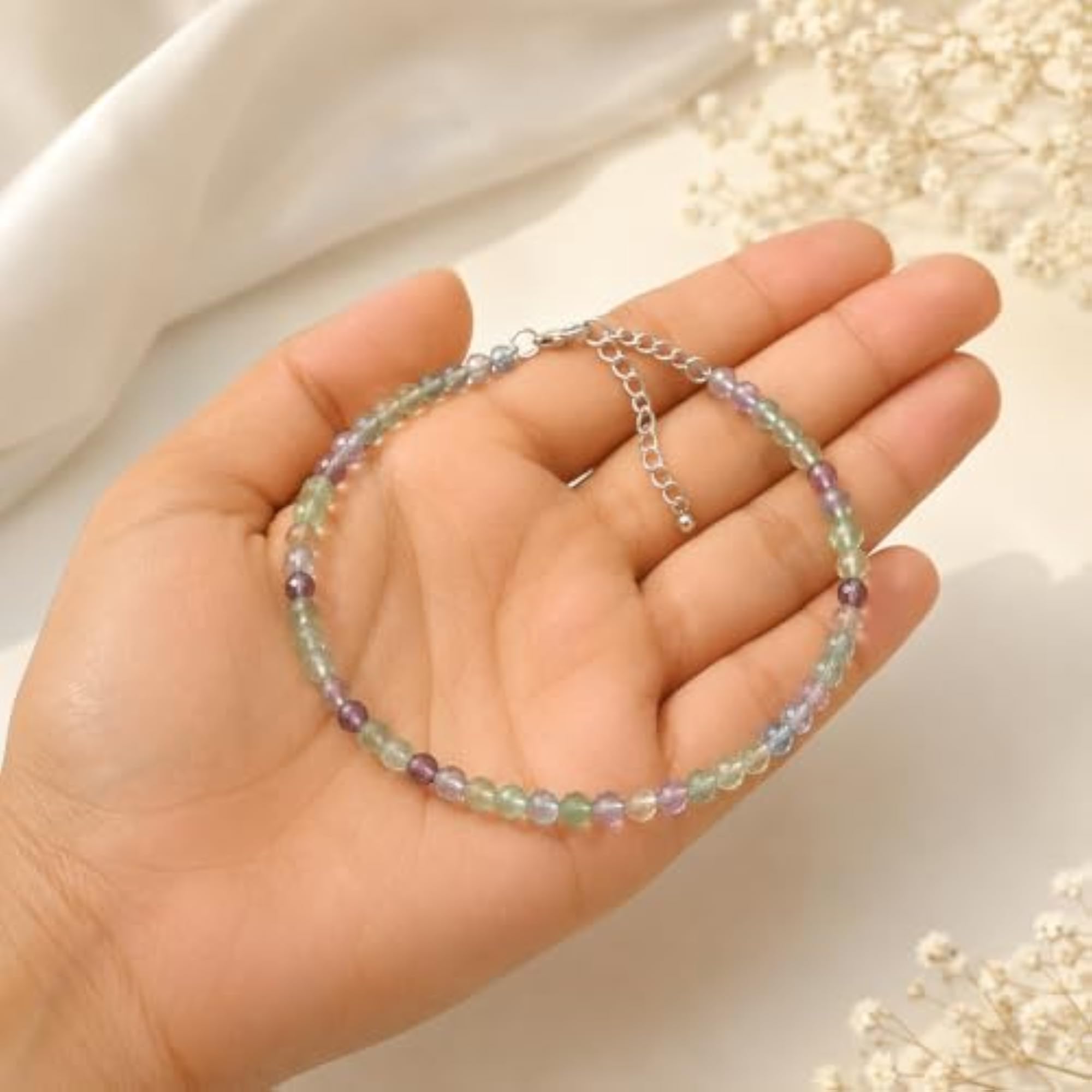 Women's Natural Fluorite Beaded Anklet, Adjustable Chain