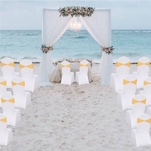 WYFMYD Spandex Gold Chair Sashes 50 Pcs Gold Sashes Bows Elastic Chair Cover Bands Ties Without Buckle for Wedding Party Events Ceremony Birthday
