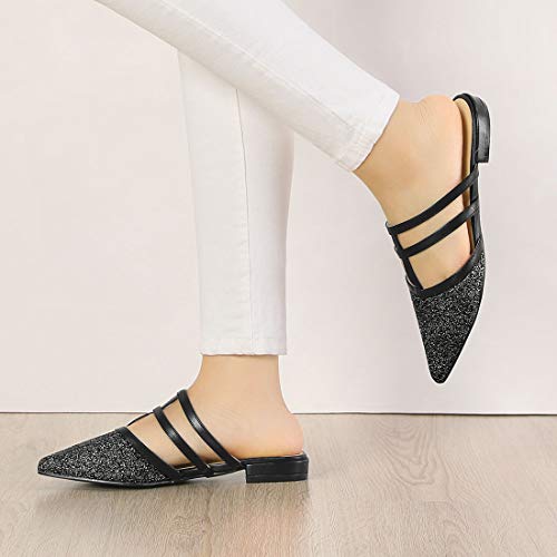 Allegra K Women's Glitter Pointed Toe Flats Black Mules - 7.5 M Us #TOP1