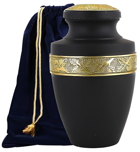 Image of Cremation Urns for Human Ashes Adult - Handcrafted Aluminum Memorial Urn with Gold Leaf Engraving & Velvet Carry Bag, Decorative Funeral Burial Urn with Secure Screw Lid, (Black & Gold)