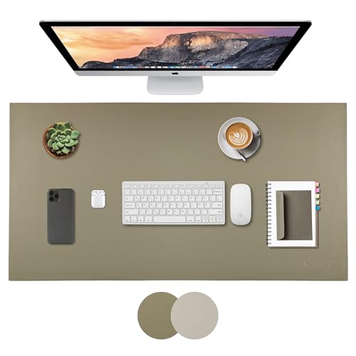 SMART Alfombrilla de Escritorio 80 x 40 cm - Tapete de Oficina - Equipamiento de Oficina en Imitación de Cuero - Protector de Escritorio - Doble Cara, Beige/Verde Oliva