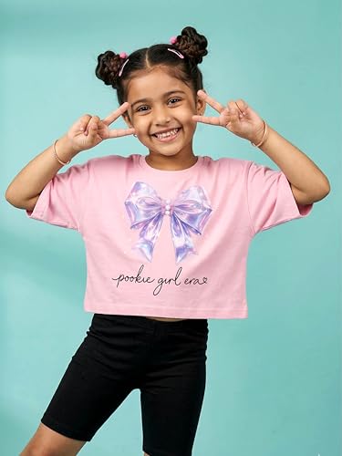 Image of KiddoPanti Girls 100% Cotton Solid Drop Shoulder Half Sleeve Round Neck Crop Tee