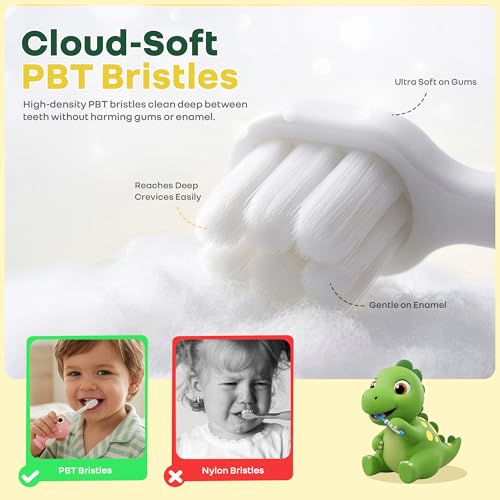 Image of R for Rabbit Tiny Smiles Dino Kids Toothbrush with Tongue Cleaner for Toddlers & Babies 2+ Years | Extra Ultra Soft PBT Bristles, Gentle on Gums | Cute 3D Dinosaur Easy Grip Handle | BPA Free (Peach)