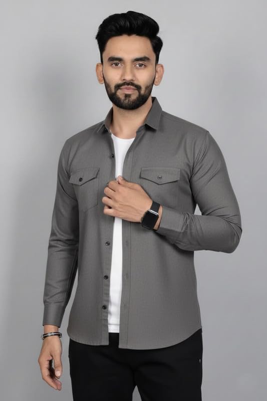 Image of DEELMO Men Solid Slim Fit Casual Overshirt Style Shirt | Full Sleeve Button-Down Layering Shirt Smart Casual Look