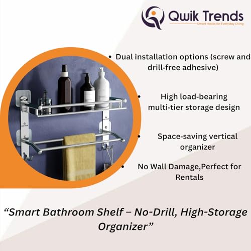Image of Bathroom Organizer Without Drill - Corner, Shelves, Rack, Shelf, Storage, Wall, Racks and Adhesive, Mounted, self Holder, soap, Stand Bathroom Accessories