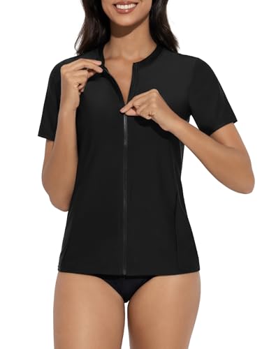 Bonneuitbebe Women's Rash Guard Short Sleeve Swim Shirts Full Zip