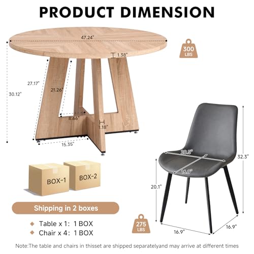 Image of 47 inch Round Dining Table Set for 4, Kitchen Table and Chairs | Wooden Cross Base, Synthetic Leather Chair, for Apartment