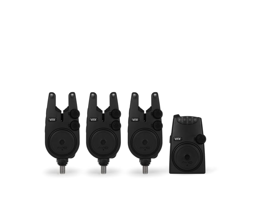 Avid VTX 3 Rod Bite Alarm Set | Three Carp Fishing Alarm Heads | Receiver | Clip on Hardcases | Receiver Lanyard and Screwdriver | Multi-light LED with 4 Colours | Signal Range 150m | Code A0500005