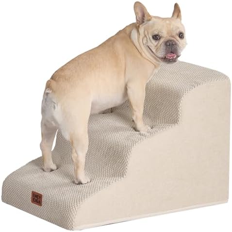 EHEYCIGA Hundetreppe für Kleine Hunde 40 cm Hoch, 3 Stufen, Beige | Gelenkschonende Haustiertreppe für Sofa & Bett, Hochdichter Schaumstoff, Rutschfester Boden, Abnehmbarer & Wasch