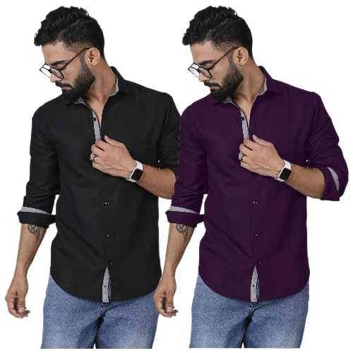 Image of Pinkmint Shirt for Men Cotton Soild Shirt & Spread Collar Long Sleeve Shirt Formal, Travelling
