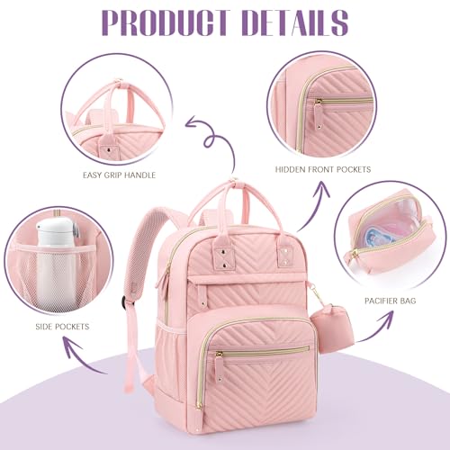 Image of Tuwubi Diaper Bag Backpack, Baby Essentials Travel Tote Bag, Multi function Waterproof Backpacks, Travel Essentials with Stroller Straps & Pacifier Case - Light Pink