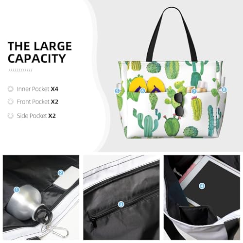 Cactus Print Large Capacity Beach Travel Bag For Family, Beach Tote Bag For Women With Zipper Pockets3