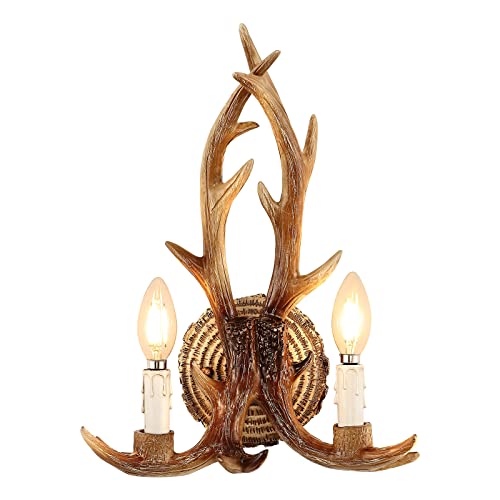 Image of Antler Wall Sconce, 1-Light Vintage Faux Deer Horn Wall Lamp, Retro Brown Hardwired Flush Mount Indoor Light Fixture for Bedroom, Hallway, Living Room, and Fireplace (Bulb Not Included)