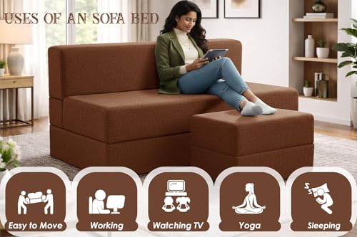 Image of Rosebell Foldable Sofa-Cum-Bed with Ottoman | 3-in-One Foldable Sofa, Lounger & Bed-5x6 Feet Three Seater- Perfect for Home & Office -Brown-Color