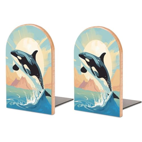 Sujetalibros para estantes de madera con diseño de orca resistente y bonito 2