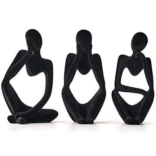 FJS Living Room Decor, Flocked Decor Thinker Statue, Black Decor Statue Abstract Art Sculpture, Sculpture for Home Living Room Office Shelf Table Decoration, Set of 3 (Black)