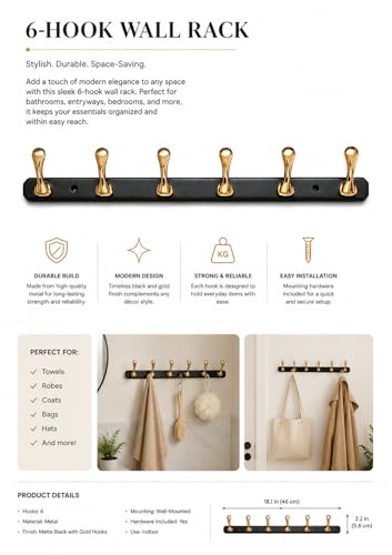 Image of ELUVIA Zinc Alloy 6 Pin Wall Hooks for Hanging Cloth and Towel Hangers for Wall Hook,Hook Rail Home Bathroom Kitchen & Bedroom (Pack of 1, Gold Black, 6 Hook)