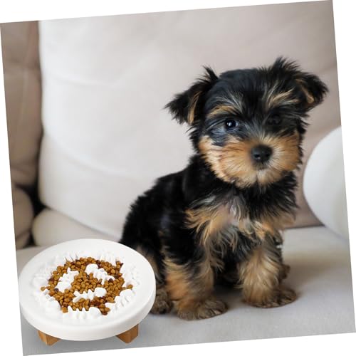 DECOMELODY 加高設計セラミック犬用スローフィーディングボウル 滑り止め付き木製スタンド 早食い防止 首保護 犬猫兼用 餌入れ 食事補助器