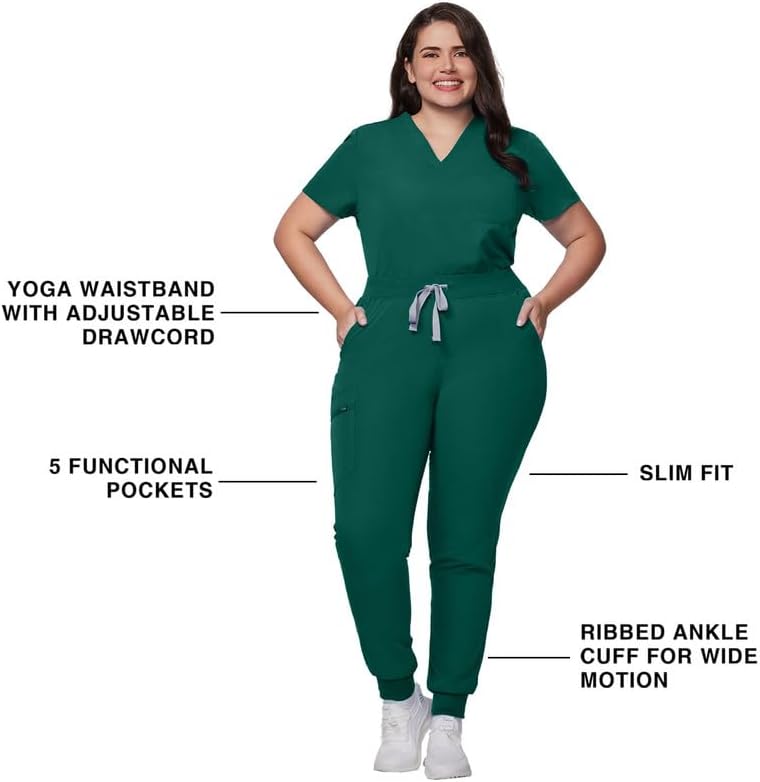 Kitmaz Scrub Pants for Women - Mid Rise 4-Way Stretch Anti-Wrinkle Slim Fit Jogger Pants, Drawstring & 5 Pockets Hunter Green
